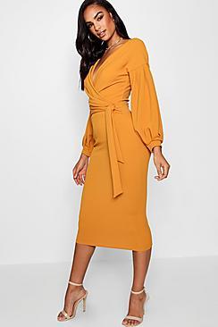 Boohoo Tall Off The Shoulder Wrap Midi Bodycon Dress