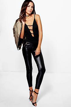 Boohoo Nova Leather Look Front Zip Details Leggings