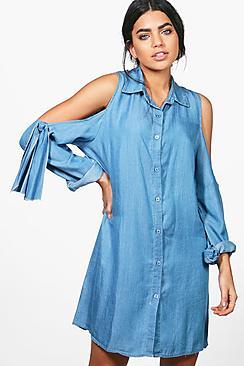 Boohoo Lucia Tie Sleeve Denim Shirt Dress