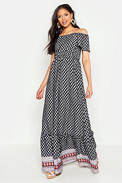 Boohoo Tall Off The Shoulder Boarder Print Maxi Dress