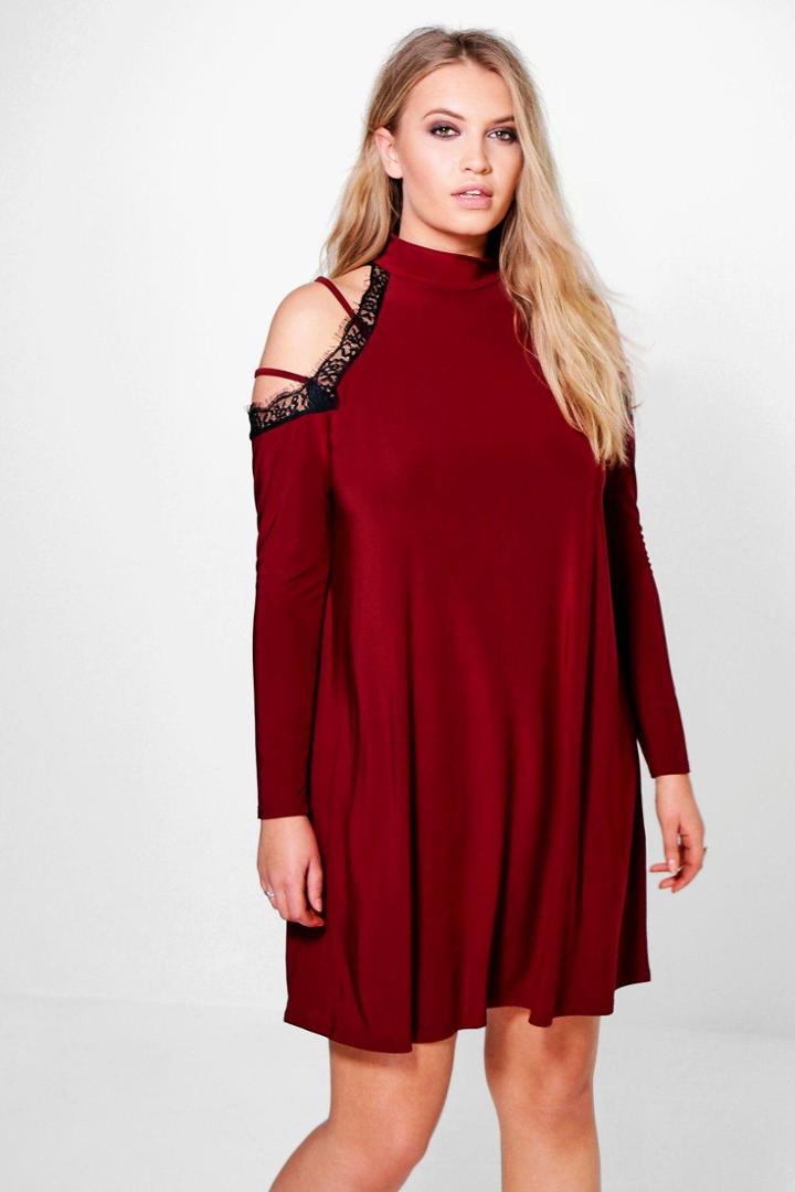 Boohoo Plus Adrianna Lace Detail Strappy Swing Dress Wine