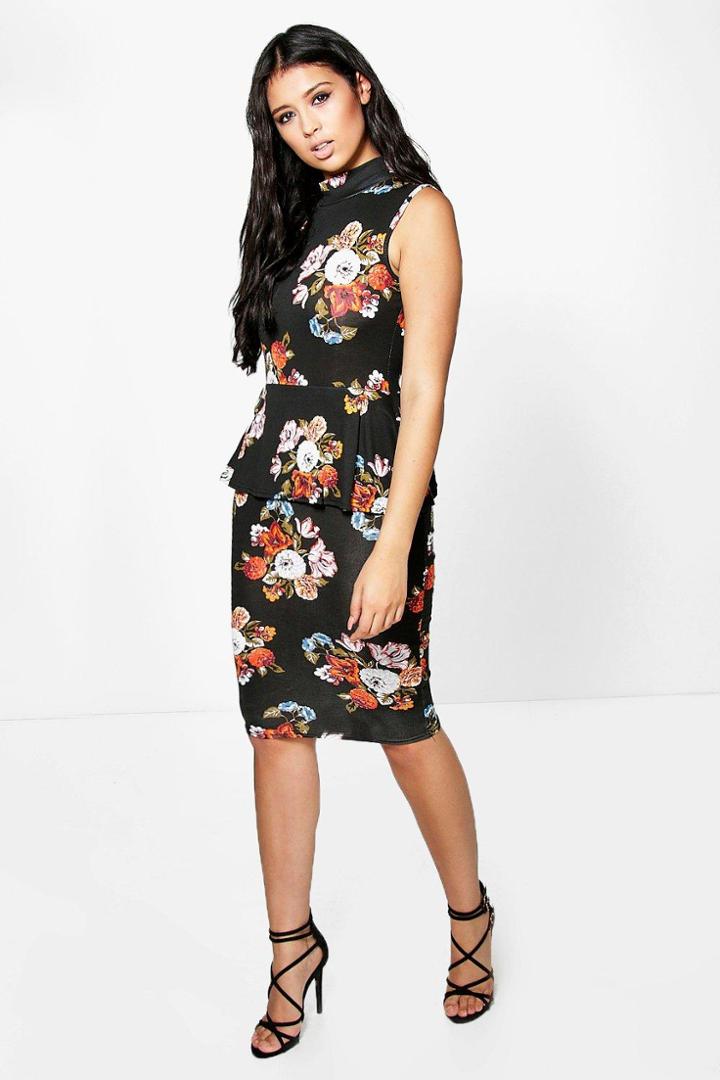 Boohoo Ita High Neck Floral Peplum Midi Dress Multi