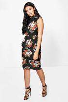 Boohoo Ita High Neck Floral Peplum Midi Dress Multi