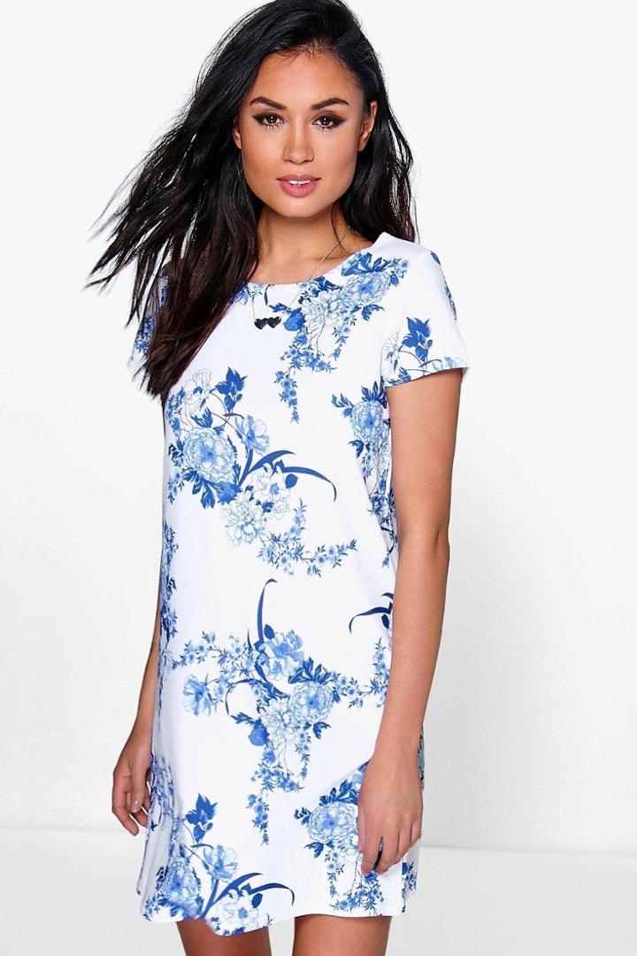 Boohoo Sally Floral Cap Sleeve Shift Dress Blue