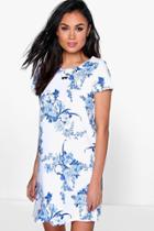 Boohoo Sally Floral Cap Sleeve Shift Dress Blue