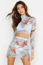 Boohoo Cherub Print Mesh High Neck Top & Mini Skirt Co-ord