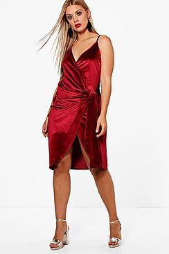 Boohoo Plus Tori Velvet Strappy Knot Wrap Midi Dress