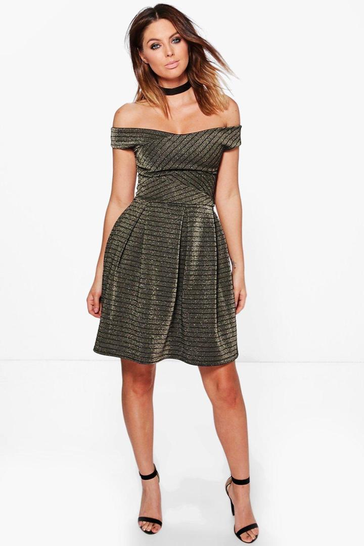 Boohoo Ray Cross Grain Metallic Stripe Skater Dress Grey