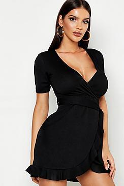 Boohoo Wrap Tie Ruffle Tea Dress
