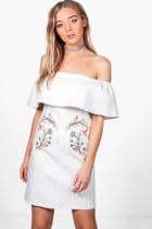 Boohoo Jess Embroidered Denim Bardot Frill Dress White