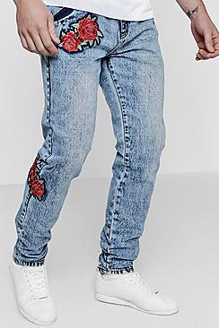 Boohoo Slim Fit Acid Wash Jeans With Embroidery