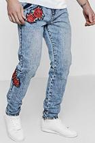 Boohoo Slim Fit Acid Wash Jeans With Embroidery