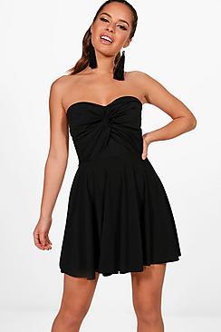 Boohoo Petite Tiffany Bandeau Knot Front Skater Dress