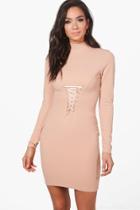 Boohoo Isobel Corset Waist High Neck Bodycon Dress Nude