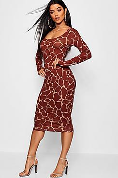 Boohoo Giraffe Square Neck Bodycon Midi Dress
