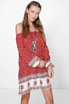 Boohoo Melissa Paisley Off The Shoulder Dress Red
