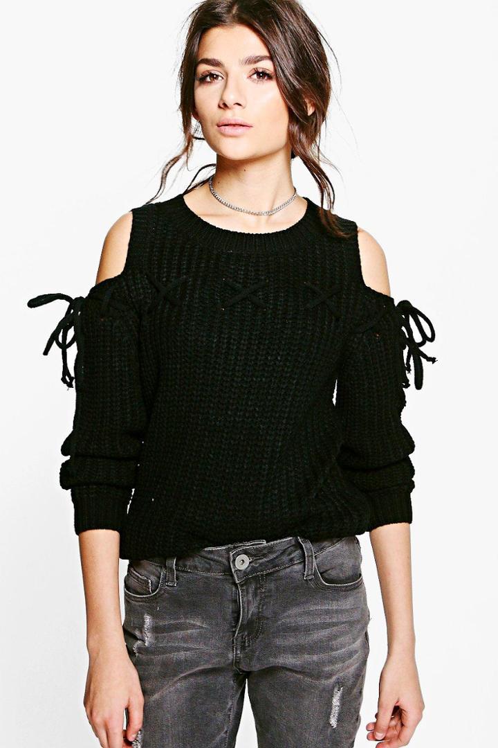 Boohoo Karina Lace Up Cold Shoulder Jumper Black