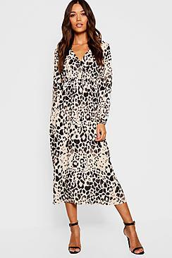 Boohoo Leopard Print Long Sleeved Bodycon Midi Dress
