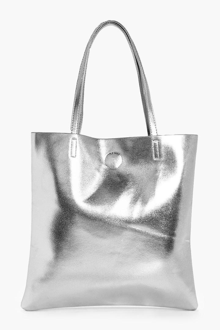 Boohoo Matilda Pu Metallic Shopper Bag Silver