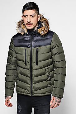 Boohoo Colour Block Padded Jacket With Faux Fur Hood
