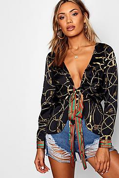 Boohoo Sasha Woven Scarf Print Wrap Top
