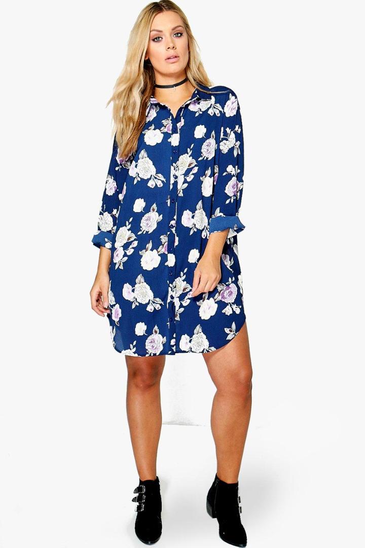 Boohoo Plus Mia Floral Woven Shirt Dress Navy