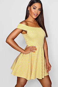 Boohoo Scarlett Stripe Off The Shoulder Skater Dress
