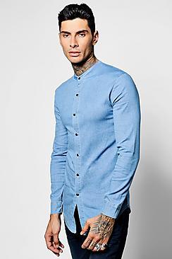 Boohoo Long Sleeve Denim Chambray Shirt With Grandad Collar