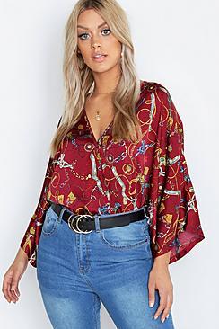 Boohoo Plus Satin Chain Print Kimono Sleeve Wrap Blouse