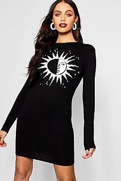 Boohoo Halloween Moon Print Long Sleeve Bodycon Dress