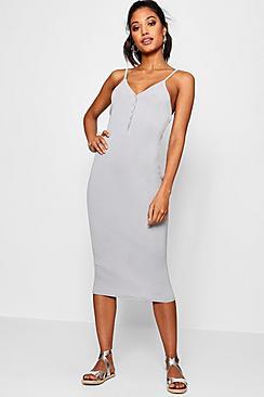 Boohoo Popper Detail Rib Cami Midi Dress