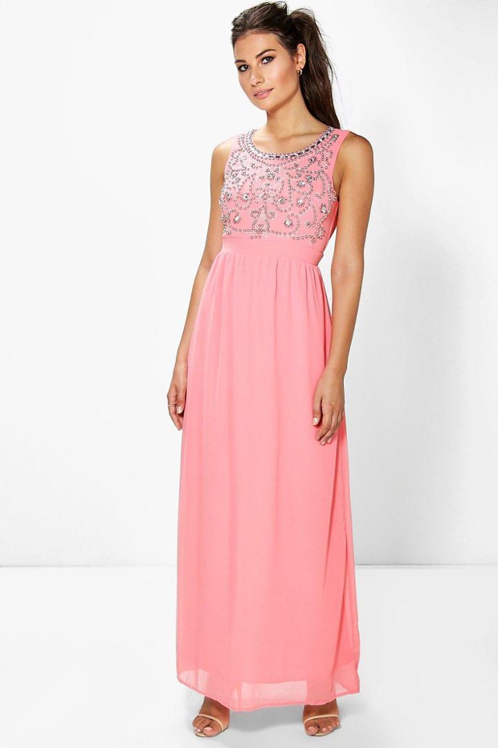 Boohoo Boutique Uma Embellished Chiffon Maxi Dress Coral
