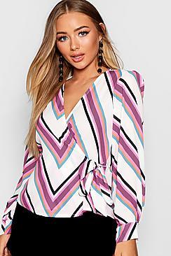 Boohoo Christina Large Chevron Wrap Tie Blouse
