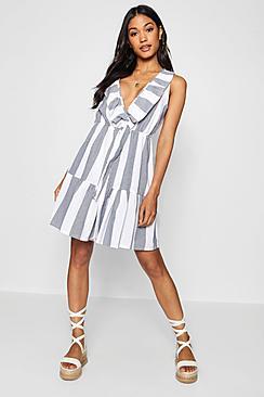 Boohoo Wide Stripe Knot Front Tea Dress