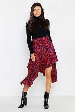Boohoo Satin Leopard Asymmetric Midaxi Skirt