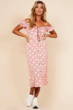 Boohoo Spot Puff Sleeve Button Detail Midi Dress