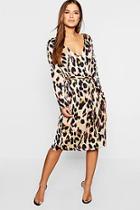 Boohoo Petite Satin Wrap Tie Leopard Print Dress