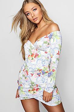 Boohoo Kate Off The Shoulder Floral Ruched Mini Dress