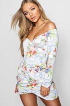 Boohoo Kate Off The Shoulder Floral Ruched Mini Dress