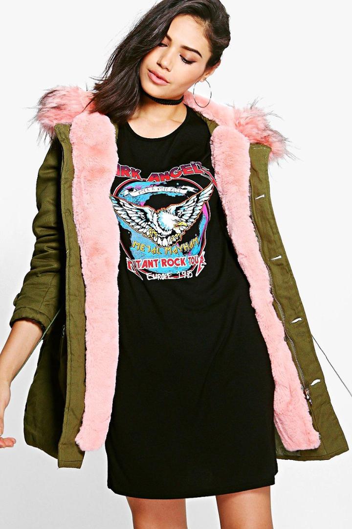 Boohoo Emma Contrast Faux Fur Trim Parka Pink