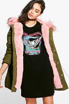 Boohoo Emma Contrast Faux Fur Trim Parka Pink