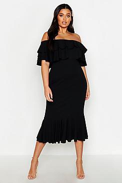 Boohoo Plus Bardot Ruffle Fishtail Midi Dress