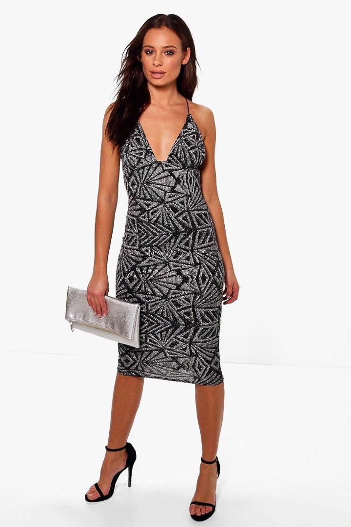 Boohoo Amra Strappy Plunge Metallic Bodycon Dress Black