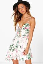 Boohoo Ana Floral Lace Up Skater Dress White