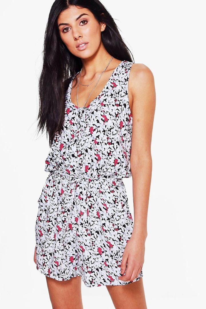 Boohoo Jenny Printed Floral Playsuit Blue