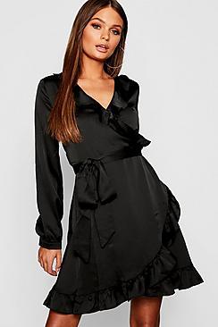 Boohoo Satin Wrap Front Tea Dress