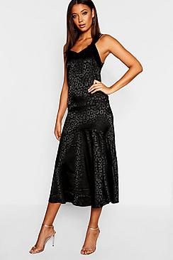 Boohoo Tall Leopard Jacquard Satin Midi Dress