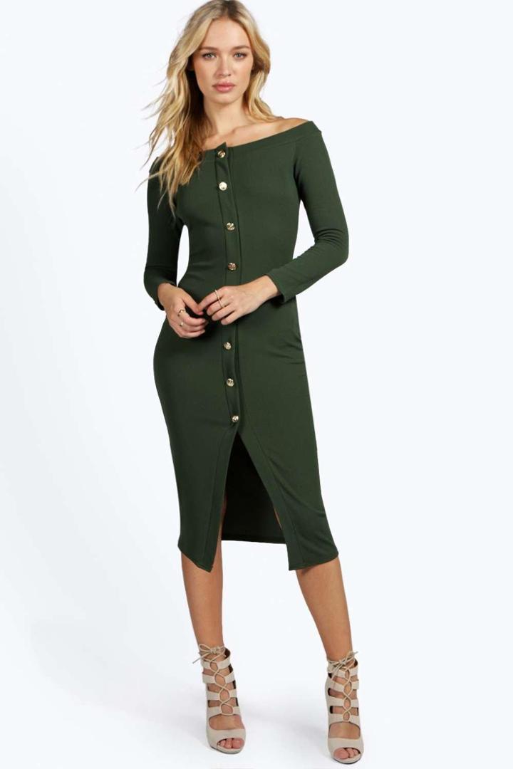Boohoo Tara Crepe Off The Shoulder Button Midi Dress Khaki