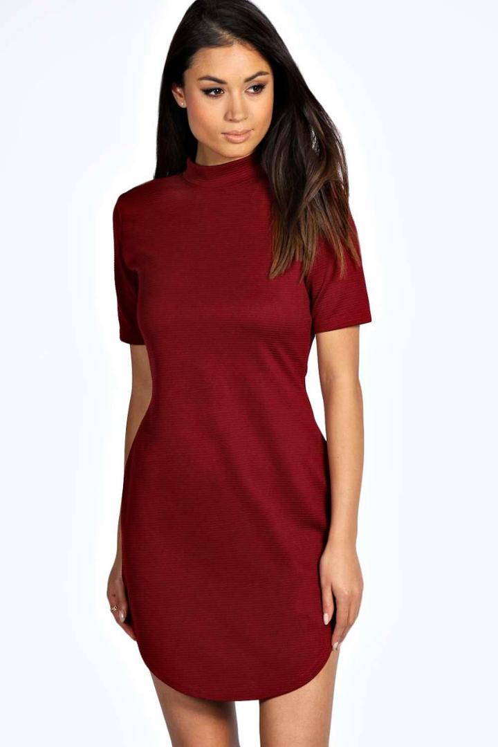 Boohoo Kareena Ribbed Curved Hem Bodycon Dress Berry