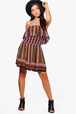 Boohoo Petite Rachel Off The Shoulder Printed Dress